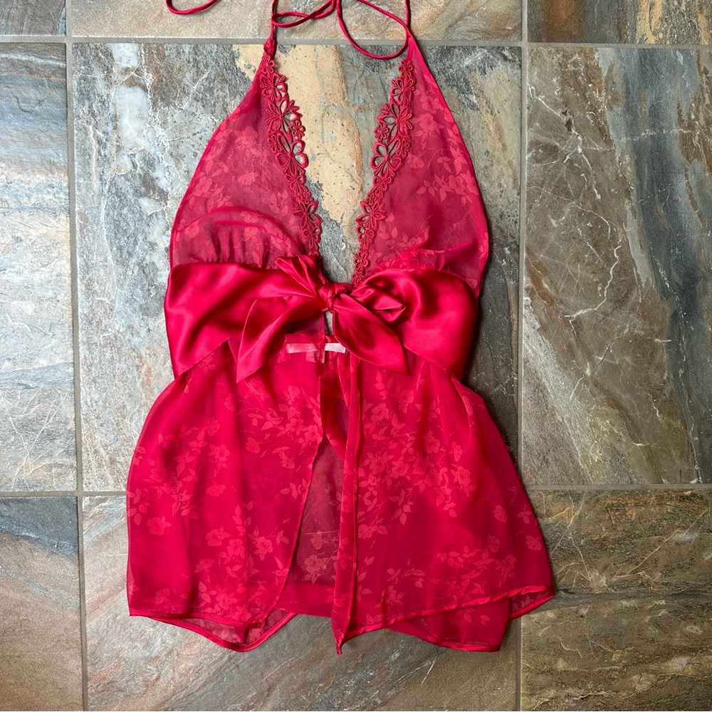 Victoria's Secret Red Lace Lingerie Babydoll Satin Bow Chemise Women's Medium